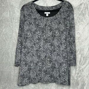 Croft & Barrow 3X Shirt Top Gray Black Paisley 3/4 Sleeve Scoop Neck Womens